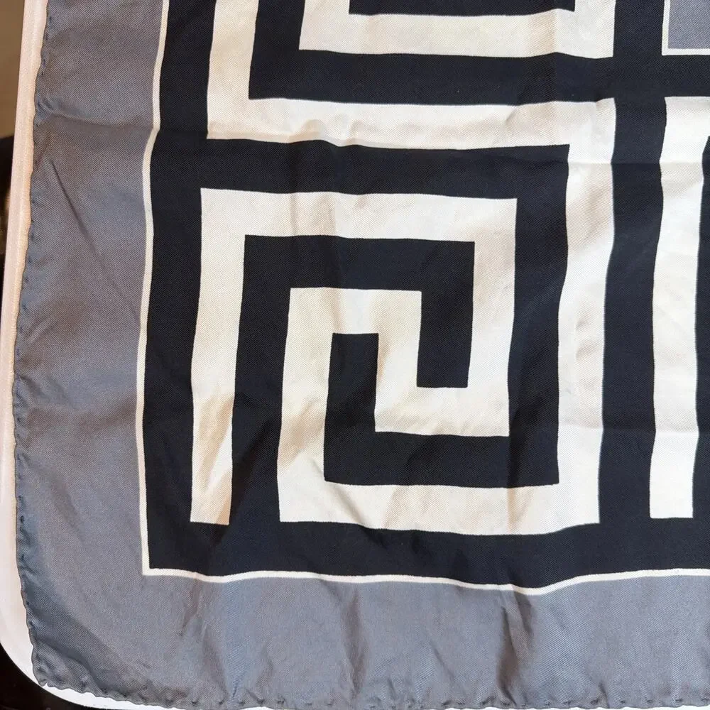 Vintage Rare Norman Norell Greek Key Gray Black White Logo Signature Silk Scarf